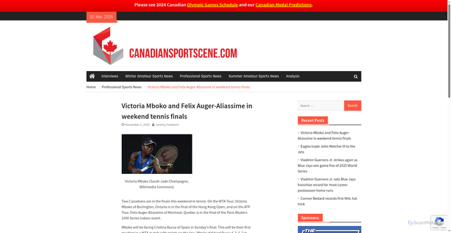 Security scan screenshot of https://canadiansportscene.com/victoria-mboko-and-felix-auger-aliassime-in-weekend-tennis-finals/