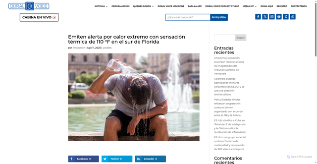 Security scan screenshot of https://doralvoice.com/emiten-alerta-por-calor-extremo-con-sensacion-termica-de-110-f-en-el-sur-de-florida/