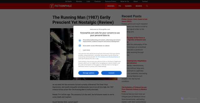 Security scan screenshot of https://fictionphile.com/movie-review/the-running-man-movie-review/