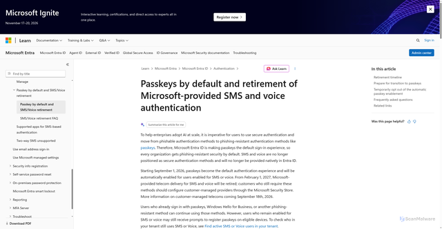 Security scan screenshot of https://learn.microsoft.com/en-us/entra/identity/authentication/concept-sms-voice-retirement