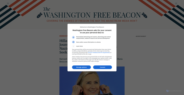 Security scan screenshot of https://freebeacon.com/democrats/hillary-clinton-to-bestoy-award-on-journalist-who-equated-israel-with-nazis-and-accused-jewish-critics-of-seeking-money-and-power/