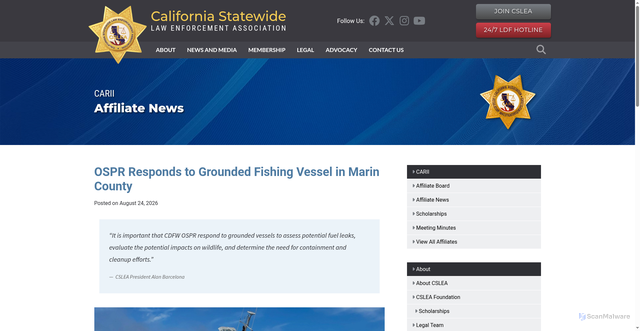 Security scan screenshot of https://cslea.com/2026/08/ospr-responds-to-grounded-fishing-vessel-in-marin-county/