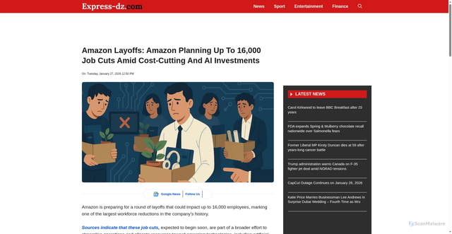 Security scan screenshot of https://express-dz.com/amazon-layoffs-amazon-planning-up-to-16000-job-cuts-amid-cost-cutting-and-ai-investments/