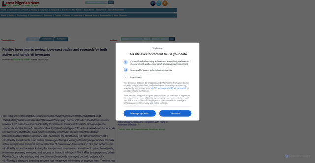 Security scan screenshot of https://www.latestnigeriannews.com/p/30355/fidelity-investments-review-lowcost-trades-and-research-for-both-active-and-hand.html