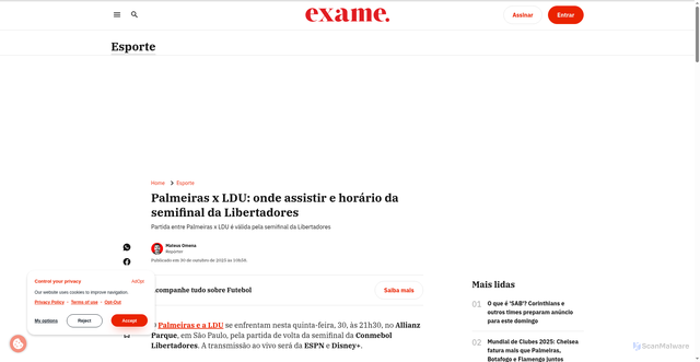 Security scan screenshot of https://exame.com/esporte/palmeiras-x-ldu-onde-assistir-e-horario-da-semifinal-da-libertadores/