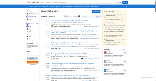 Security scan screenshot of https://stack-overflow-clone-bp6.pages.dev/questions/tagged/ddos