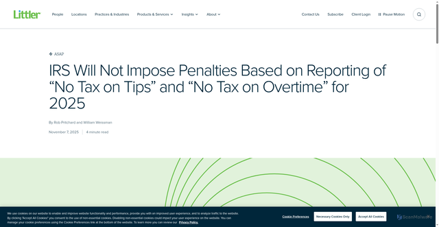 Security scan screenshot of https://www.littler.com/news-analysis/asap/irs-will-not-impose-penalties-based-reporting-no-tax-tips-and-no-tax-overtime