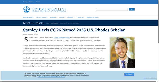 Security scan screenshot of https://www.college.columbia.edu/news/stanley-davis-cc-26-named-2026-us-rhodes-scholar