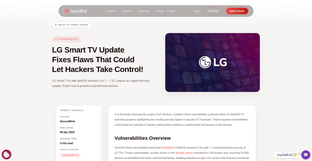 Security scan screenshot of https://www.secureblink.com/threat-feeds/lg-smart-tv-update-fixes-flaws-that-could-let-hackers-take-control