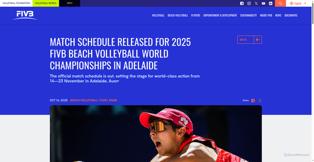 Security scan screenshot of https://www.fivb.com/match-schedule-released-for-2025-fivb-beach-volleyball-world-championships-in-adelaide/