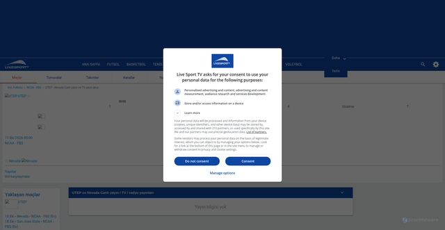 Security scan screenshot of https://www.livesporttv.com/tr/am-football/matches/utep-nevada/vYaYHPA4/