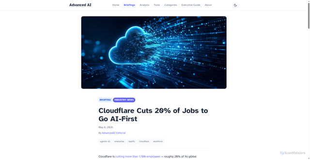 Security scan screenshot of https://advancedai-com.pages.dev/briefings/cloudflare-layoffs-agentic-ai-2026/