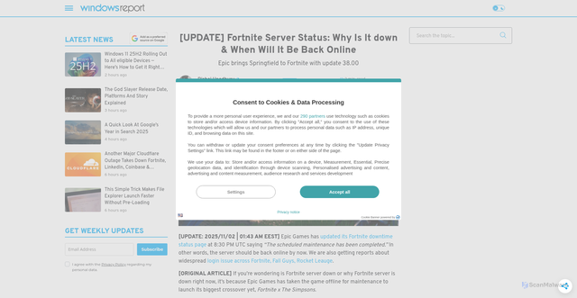Security scan screenshot of https://windowsreport.com/fortnite-server-status-why-is-it-down-when-will-it-be-back-online/