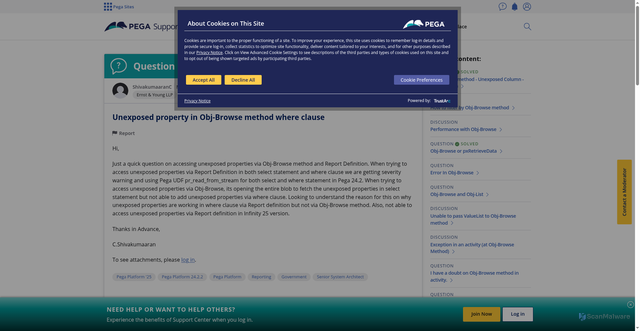 Security scan screenshot of https://support.pega.com/question/unexposed-property-obj-browse-method-where-clause