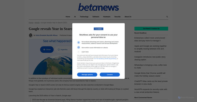 Security scan screenshot of https://betanews.com/2025/12/05/google-reveals-year-in-search-2025/