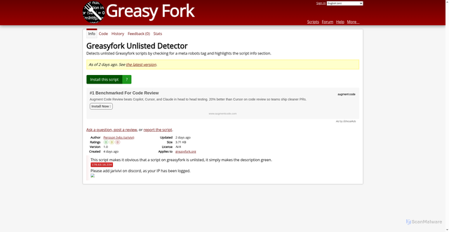 Security scan screenshot of https://greasyfork.org/en/scripts/562952-greasyfork-unlisted-detector?version=1737287