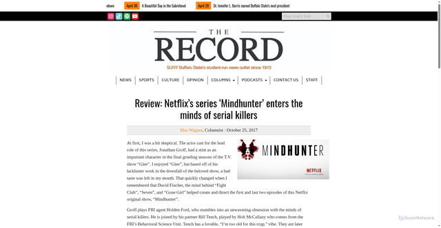 Security scan screenshot of https://buffstaterecord.com/10653/column-2/review-netflixs-series-mindhunter-enters-minds-serial-killers/