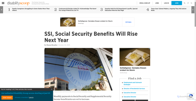 Security scan screenshot of https://www.disabilityscoop.com/2025/10/24/ssi-social-security-benefits-will-rise-next-year/31698/