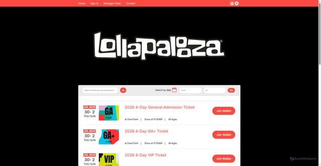 Security scan screenshot of https://lollapalooza.frontgatetickets.com/
