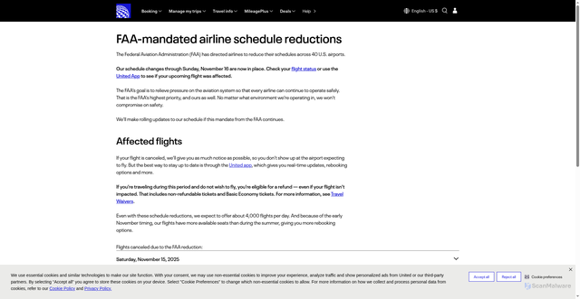 Security scan screenshot of https://www.united.com/en/us/fly/company/company-info/airline-schedule-reductions.html