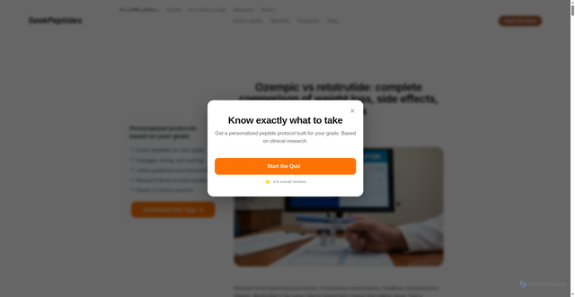 Security scan screenshot of https://www.seekpeptides.com/blog/articles/ozempic-vs-retatrutide