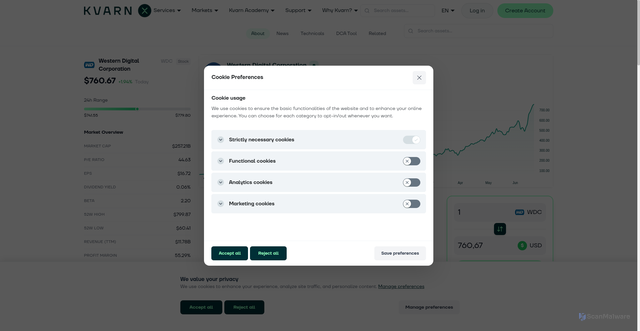 Security scan screenshot of https://www.kvarnx.com/en/stocks/wdc-us