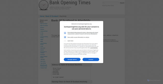 Security scan screenshot of https://bankopeningtimes.org/bank-of-scotland-branch-in-aberfeldy