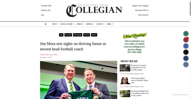 Security scan screenshot of https://collegian.com/articles/featured/2025/12/jim-mora-sets-sights-on-thriving-future-as-newest-head-football-coach/
