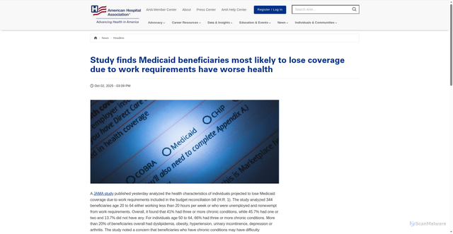 Security scan screenshot of https://www.aha.org/news/headline/2025-10-02-study-finds-medicaid-beneficiaries-most-likely-lose-coverage-due-work-requirements-have-worse-health