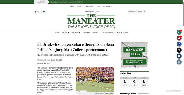 Security scan screenshot of https://themaneater.com/132665/sports/eli-drinkwitz-players-share-thoughts-on-beau-pribulas-injury-matt-zollers-performance/