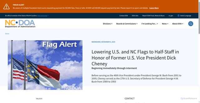 Security scan screenshot of https://www.doa.nc.gov/news/press-releases/2025/11/05/lowering-us-and-nc-flags-half-staff-honor-former-us-vice-president-dick-cheney