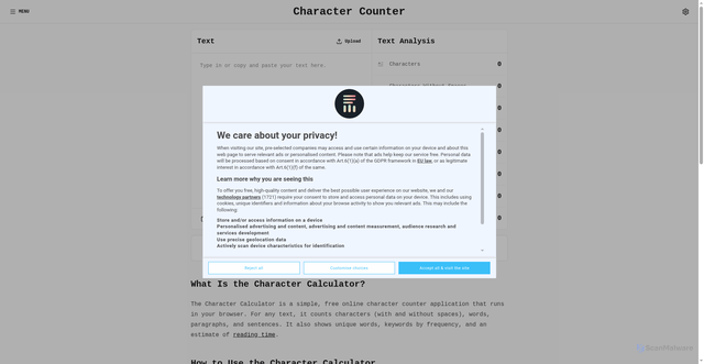 Security scan screenshot of https://charactercalculator.com