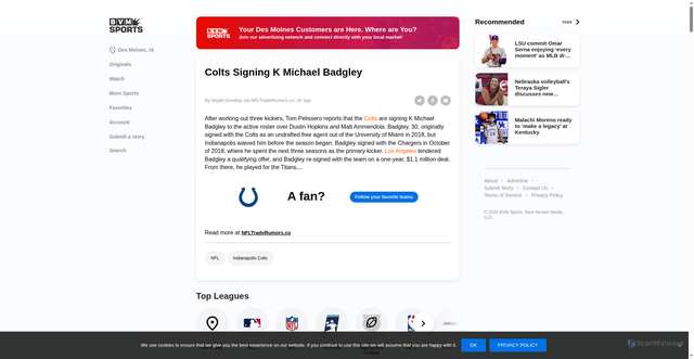 Security scan screenshot of https://bvmsports.com/2025/10/07/colts-signing-k-michael-badgley/