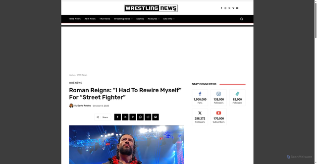 Security scan screenshot of https://wrestlingnews.co/wwe-news/roman-reigns-had-rewire-myself-street-fighter/