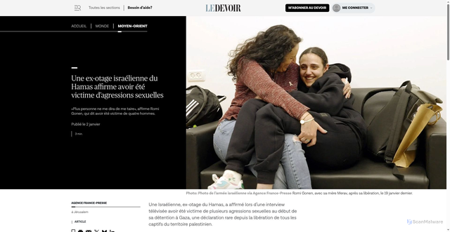 Security scan screenshot of https://www.ledevoir.com/monde/moyen-orient/945255/ex-otage-israelienne-hamas-affirme-avoir-ete-victime-agressions-sexuelles