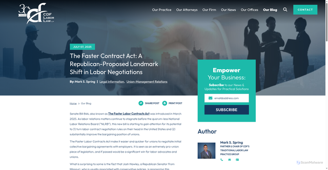 Security scan screenshot of https://www.cdflaborlaw.com/blog/the-faster-contract-act-a-republican-proposed-landmark-shift-in-labor-negotiations