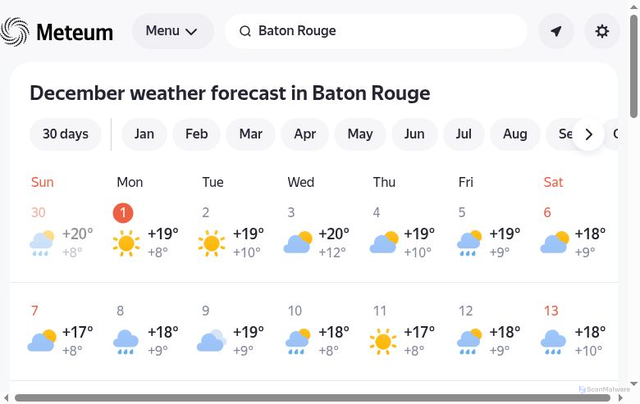Security scan screenshot of https://meteum.ai/weather/en/baton-rouge/month/december