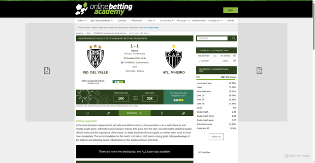 Security scan screenshot of https://www.onlinebettingacademy.com/stats/match/south-america/conmebol-sudamericana/ind-del-valle/atl-mineiro/LPBY6xeBzm2OG/preview