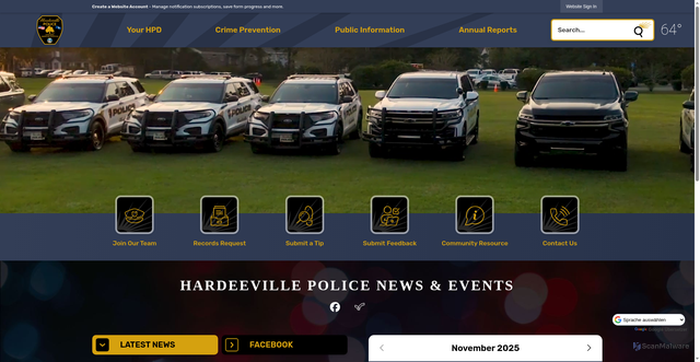 Security scan screenshot of https://hardeevillepolicesc.gov/