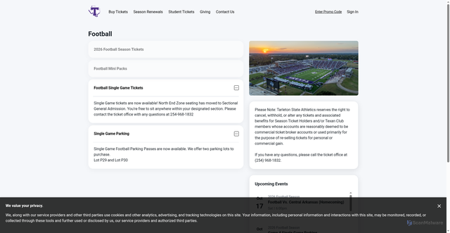Security scan screenshot of https://tarletonsports.evenue.net/list/FB