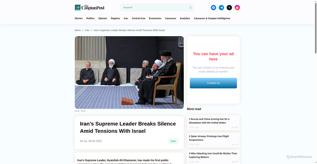 Security scan screenshot of https://caspianpost.com/iran/iran-s-supreme-leader-breaks-silence-amid-tensions-with-israel