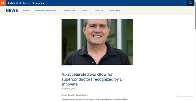 Security scan screenshot of https://news.clas.ufl.edu/ai-workflow-for-superconductors-recognized/