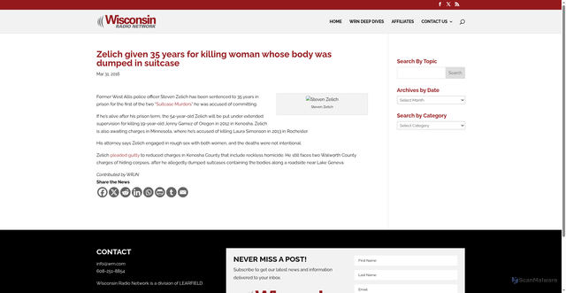Security scan screenshot of https://www.wrn.com/zelich-given-35-years-for-killing-woman-whose-body-was-dumped-in-suitcase/