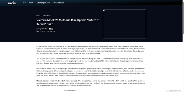 Security scan screenshot of https://www.essentiallytennis.com/news/wta-tennis-news-victoria-mboko-s-meteoric-rise-sparks-future-of-tennis-buzz/
