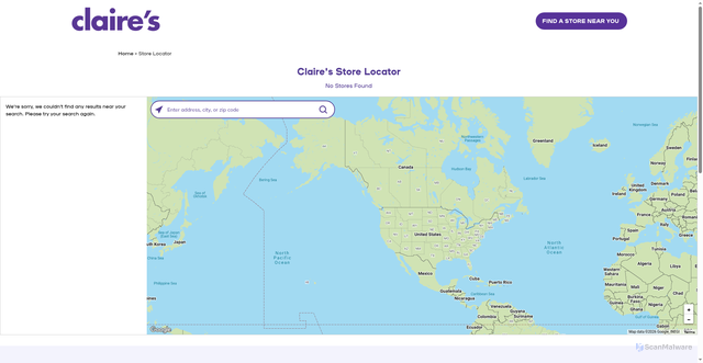 Security scan screenshot of https://stores.claires.com