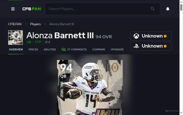 Security scan screenshot of https://cfb.fan/players/155-alonza-barnett-iii/