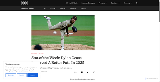 Security scan screenshot of https://www.sportsinfosolutions.com/2025/11/19/stat-of-the-week-dylan-cease-deserved-a-better-fate-in-2025/
