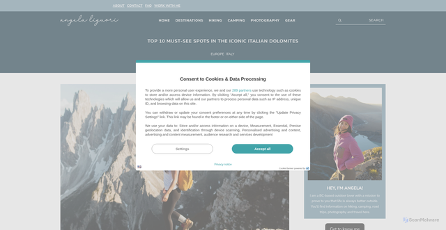 Security scan screenshot of https://angelaliggs.com/blog/top-10-must-see-spots-in-the-iconic-italian-dolomites/