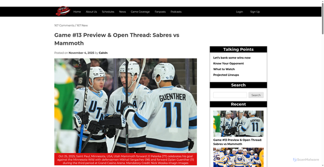 Security scan screenshot of https://www.diebytheblade.com/game-13-preview-open-thread-sabres-vs-mammoth/