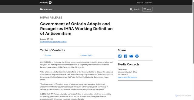 Security scan screenshot of https://news.ontario.ca/en/release/59045/government-of-ontario-adopts-and-recognizes-ihra-working-definition-of-antisemitism